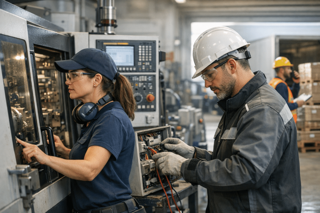 Fizikai munkák: női gépkezelő, villanyszerelő és logisztikai dolgozó ipari környezetben