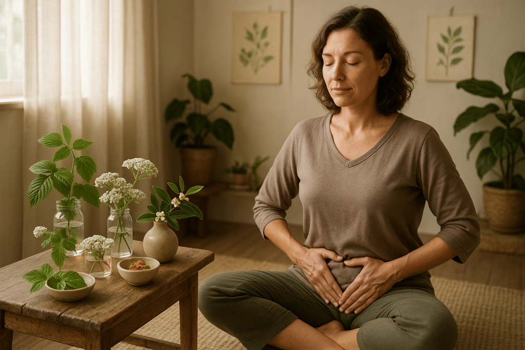 Női méh erősítése gyógynövényekkel és jóga gyakorlattal, békés otthoni környezetben