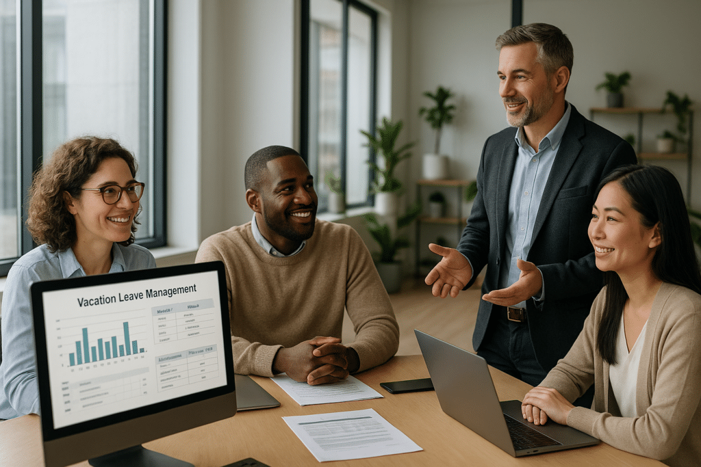 Irodai megbeszélés szabadság kiadásának szabályairól, kollégák együttműködése.