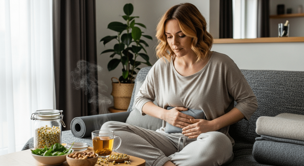 Fiatal nő melegítőpárnával alhasi fájdalom enyhítés közben