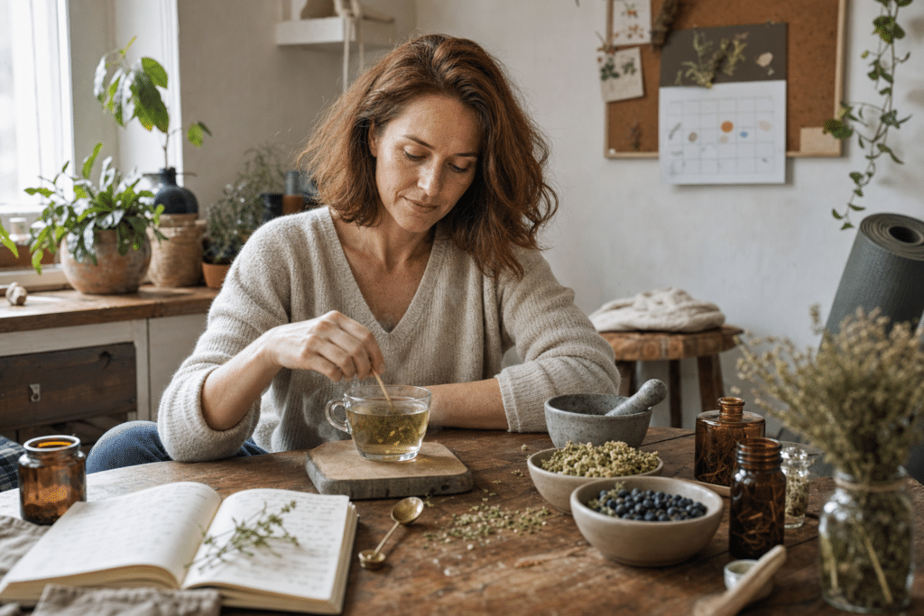 Nő gyógynövényes tea készítése hormonális egyensúly veszteség támogatására