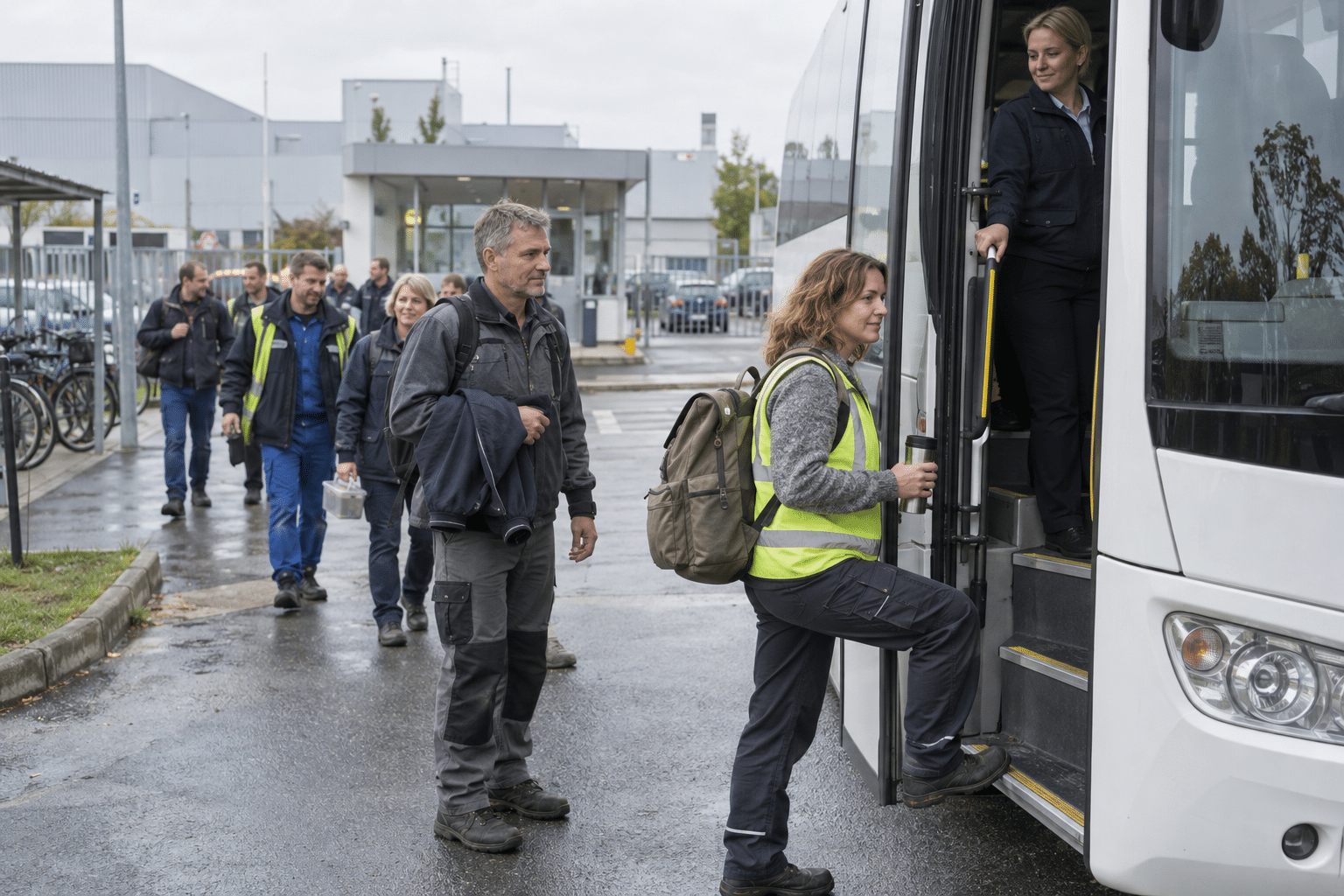 Céges buszjárat munkába járáshoz: dolgozók felszállnak a gyárnál
