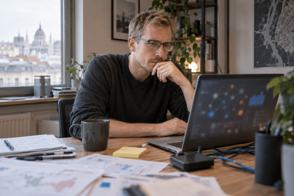 seo kockázat elemzés: szakember gondolkodik laptopnál irodában